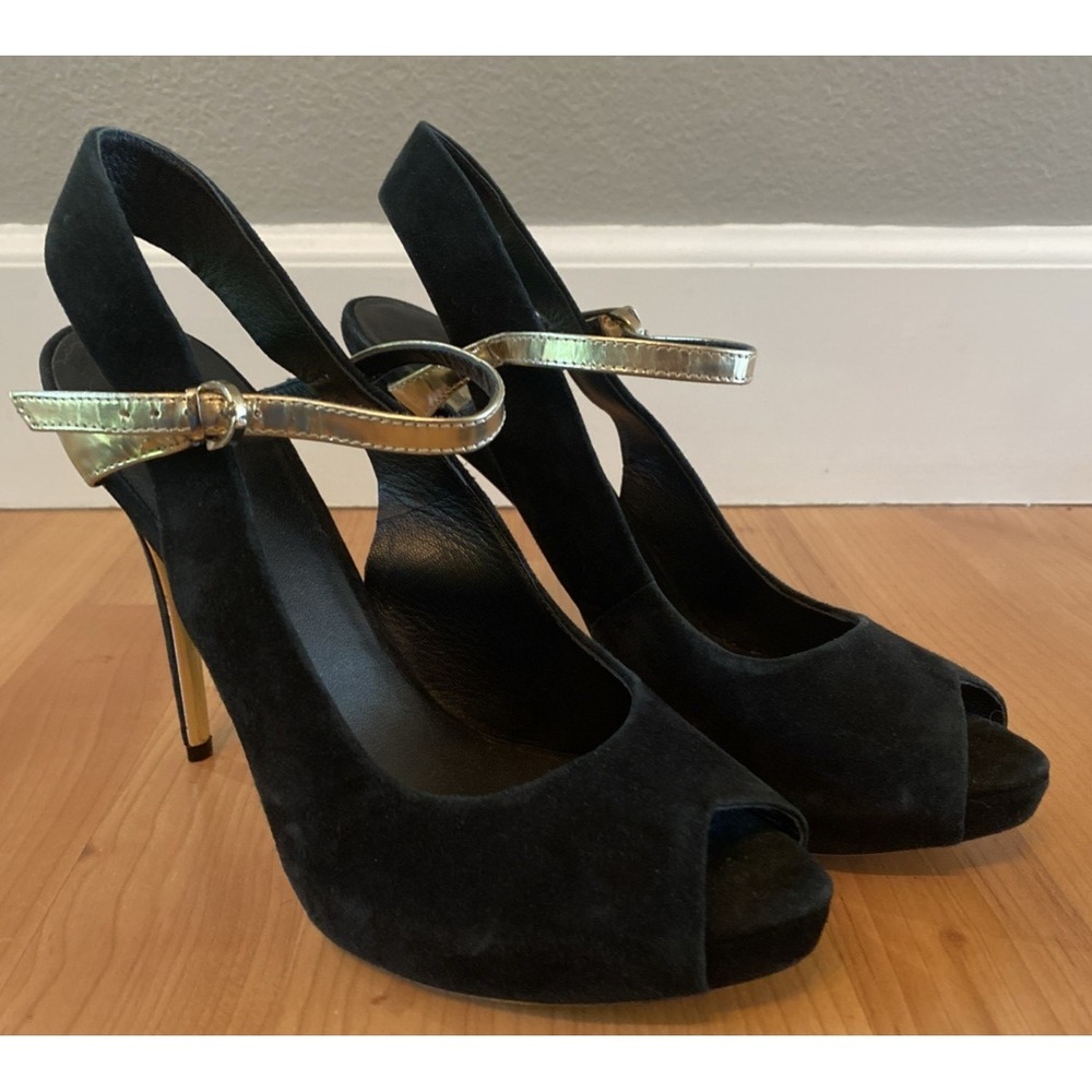 Marciano Guess Black Suede Gold Strappy Stiletto High Heels Shoes EU 38.5/US 8.5